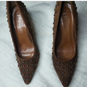 Like new faux suede tan beaded heels